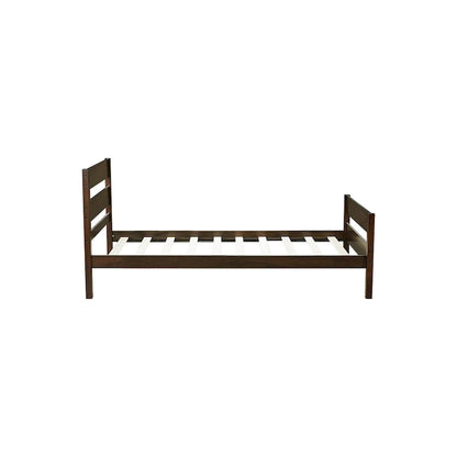 Lit simple avec tête et pied de lit, couleur expresso, design gain de place avec rangement