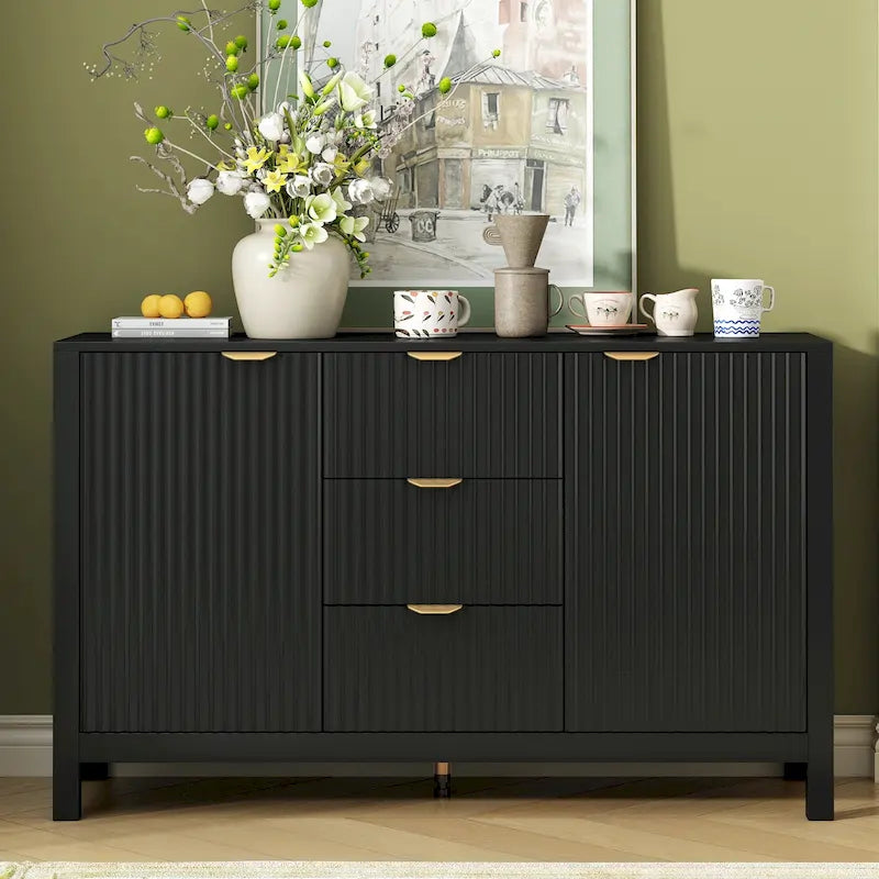Meuble d'entrée au design ondulé - 3 étagères réglables, 3 tiroirs et portes à fermeture douce, console de rangement avec poignées en métal