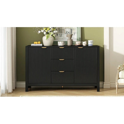 Meuble d'entrée au design ondulé - 3 étagères réglables, 3 tiroirs et portes à fermeture douce, console de rangement avec poignées en métal