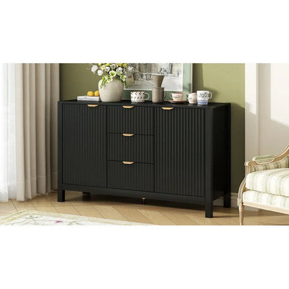 Meuble d'entrée au design ondulé - 3 étagères réglables, 3 tiroirs et portes à fermeture douce, console de rangement avec poignées en métal