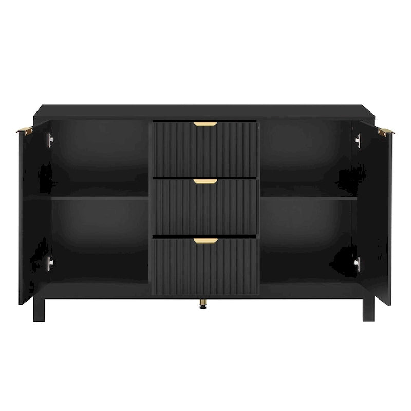 Meuble d'entrée au design ondulé - 3 étagères réglables, 3 tiroirs et portes à fermeture douce, console de rangement avec poignées en métal