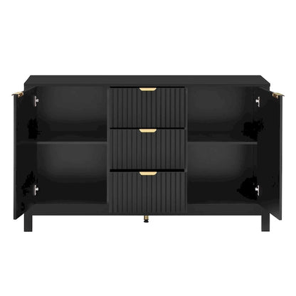 Meuble d'entrée au design ondulé - 3 étagères réglables, 3 tiroirs et portes à fermeture douce, console de rangement avec poignées en métal
