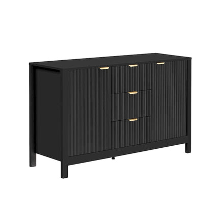 Meuble d'entrée au design ondulé - 3 étagères réglables, 3 tiroirs et portes à fermeture douce, console de rangement avec poignées en métal