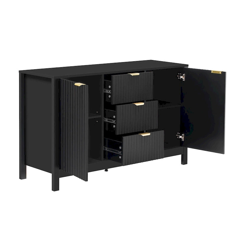 Meuble d'entrée au design ondulé - 3 étagères réglables, 3 tiroirs et portes à fermeture douce, console de rangement avec poignées en métal