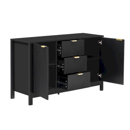 Meuble d'entrée au design ondulé - 3 étagères réglables, 3 tiroirs et portes à fermeture douce, console de rangement avec poignées en métal