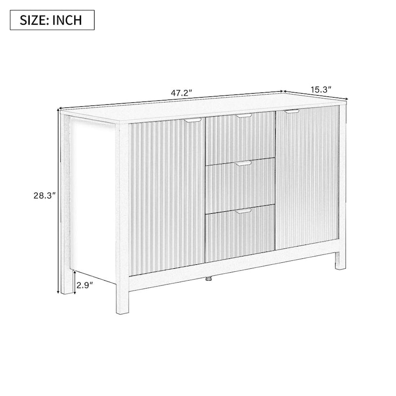 Meuble d'entrée au design ondulé - 3 étagères réglables, 3 tiroirs et portes à fermeture douce, console de rangement avec poignées en métal