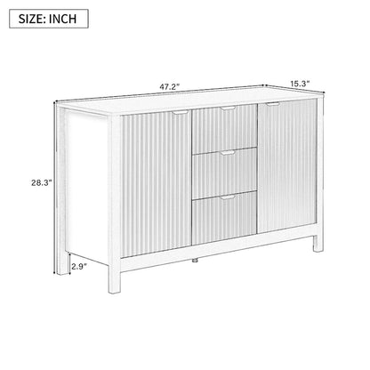 Meuble d'entrée au design ondulé - 3 étagères réglables, 3 tiroirs et portes à fermeture douce, console de rangement avec poignées en métal