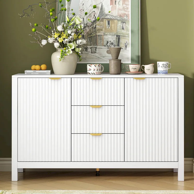 Meuble d'entrée au design ondulé - 3 étagères réglables, 3 tiroirs et portes à fermeture douce, console de rangement avec poignées en métal