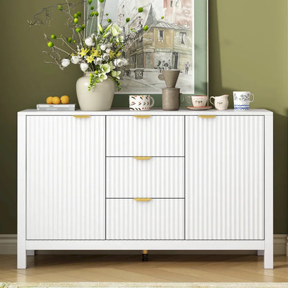 Meuble d'entrée au design ondulé - 3 étagères réglables, 3 tiroirs et portes à fermeture douce, console de rangement avec poignées en métal