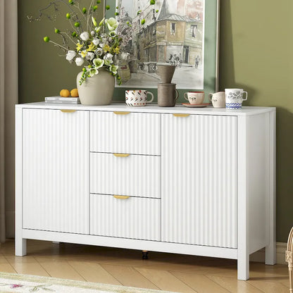 Meuble d'entrée au design ondulé - 3 étagères réglables, 3 tiroirs et portes à fermeture douce, console de rangement avec poignées en métal