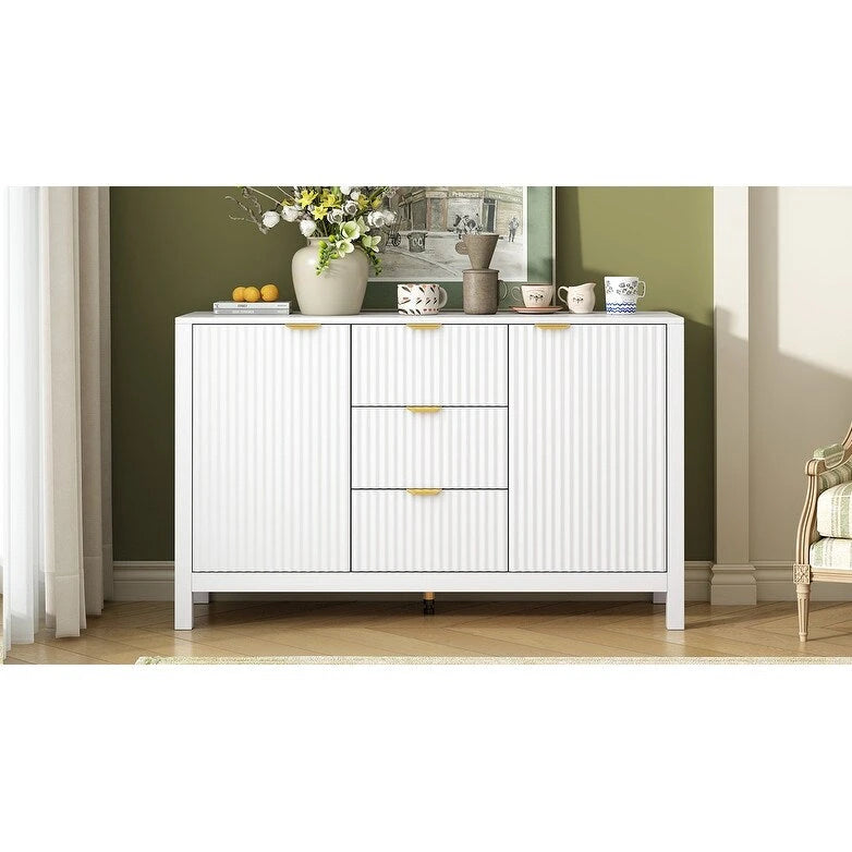 Meuble d'entrée au design ondulé - 3 étagères réglables, 3 tiroirs et portes à fermeture douce, console de rangement avec poignées en métal