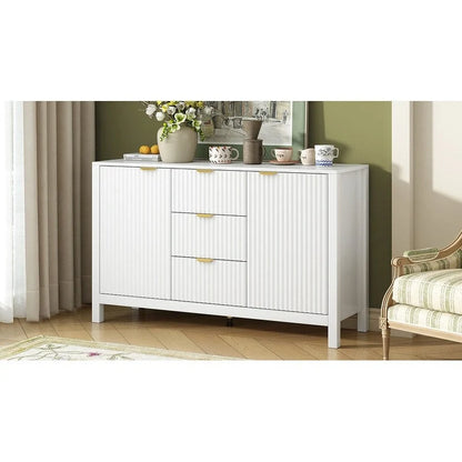 Meuble d'entrée au design ondulé - 3 étagères réglables, 3 tiroirs et portes à fermeture douce, console de rangement avec poignées en métal