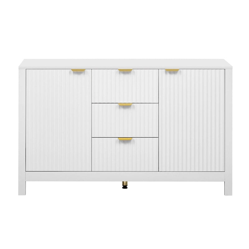 Meuble d'entrée au design ondulé - 3 étagères réglables, 3 tiroirs et portes à fermeture douce, console de rangement avec poignées en métal