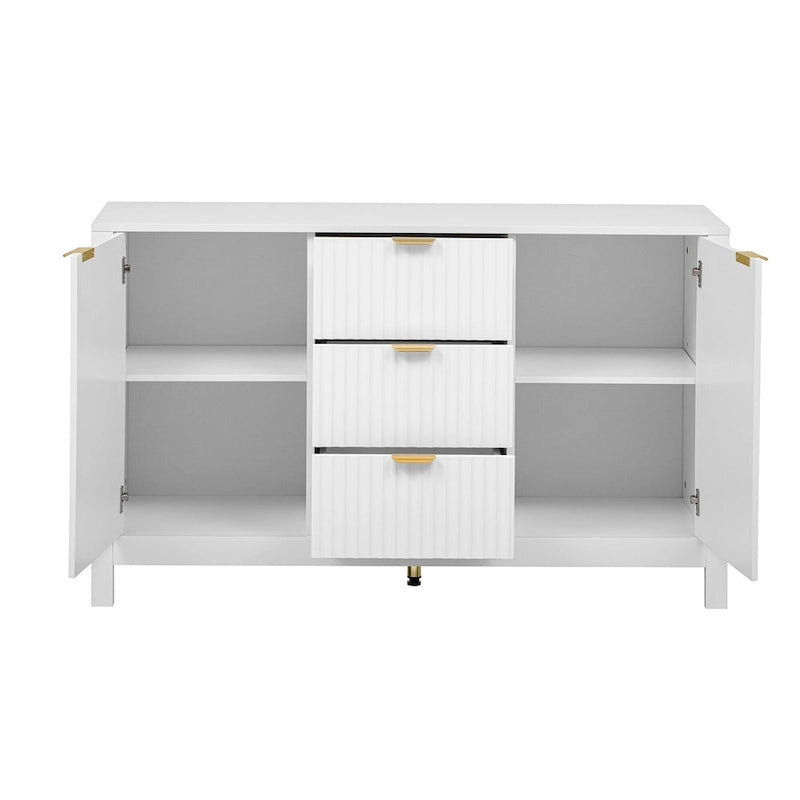 Meuble d'entrée au design ondulé - 3 étagères réglables, 3 tiroirs et portes à fermeture douce, console de rangement avec poignées en métal