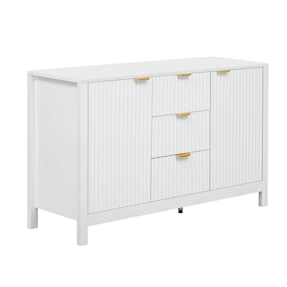 Meuble d'entrée au design ondulé - 3 étagères réglables, 3 tiroirs et portes à fermeture douce, console de rangement avec poignées en métal