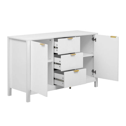Meuble d'entrée au design ondulé - 3 étagères réglables, 3 tiroirs et portes à fermeture douce, console de rangement avec poignées en métal