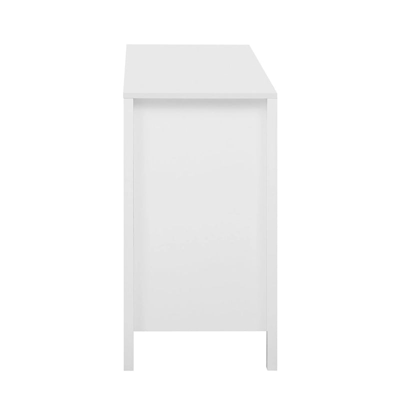 Meuble d'entrée au design ondulé - 3 étagères réglables, 3 tiroirs et portes à fermeture douce, console de rangement avec poignées en métal