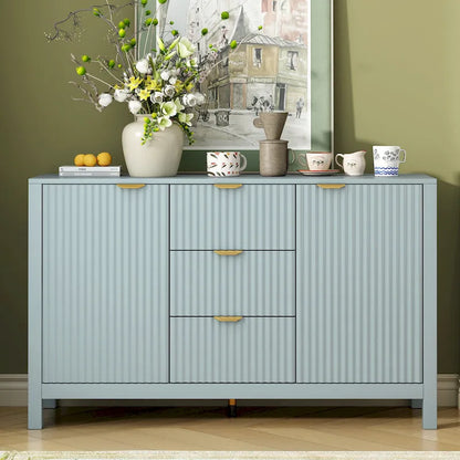 Meuble d'entrée au design ondulé - 3 étagères réglables, 3 tiroirs et portes à fermeture douce, console de rangement avec poignées en métal