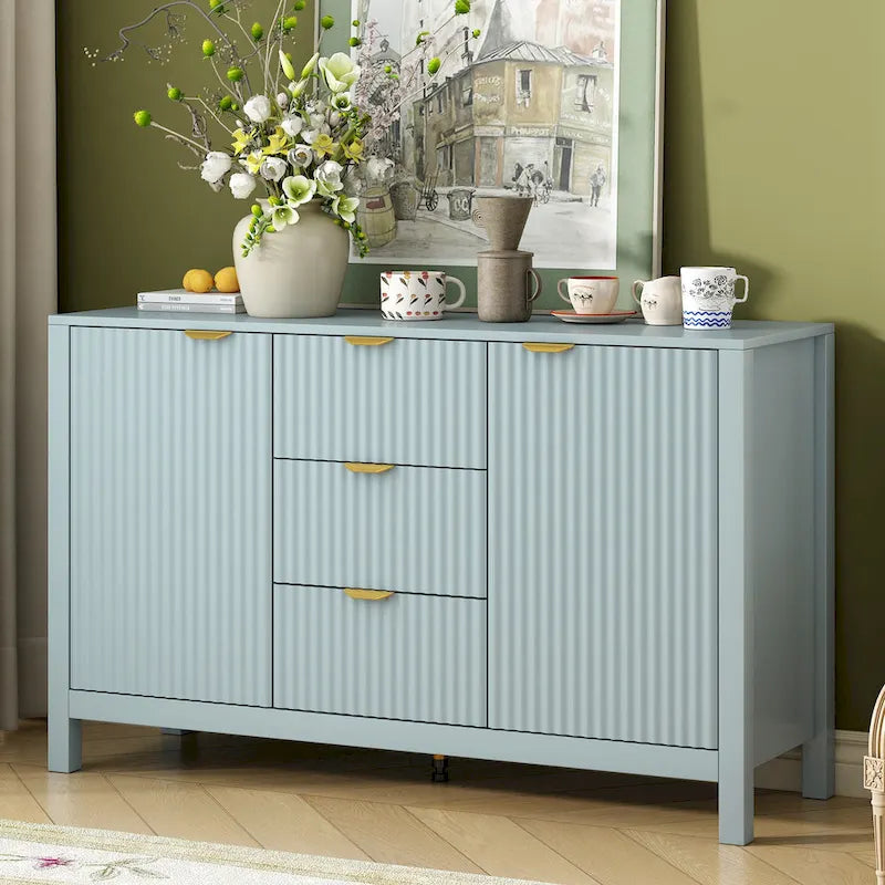 Meuble d'entrée au design ondulé - 3 étagères réglables, 3 tiroirs et portes à fermeture douce, console de rangement avec poignées en métal