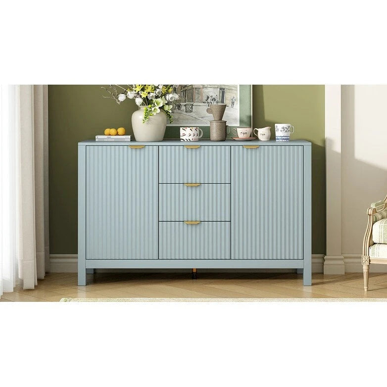 Meuble d'entrée au design ondulé - 3 étagères réglables, 3 tiroirs et portes à fermeture douce, console de rangement avec poignées en métal