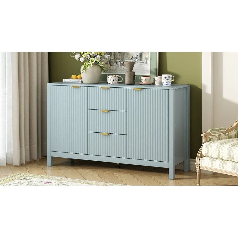 Meuble d'entrée au design ondulé - 3 étagères réglables, 3 tiroirs et portes à fermeture douce, console de rangement avec poignées en métal