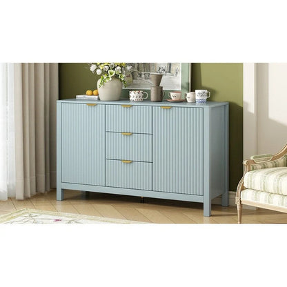 Meuble d'entrée au design ondulé - 3 étagères réglables, 3 tiroirs et portes à fermeture douce, console de rangement avec poignées en métal