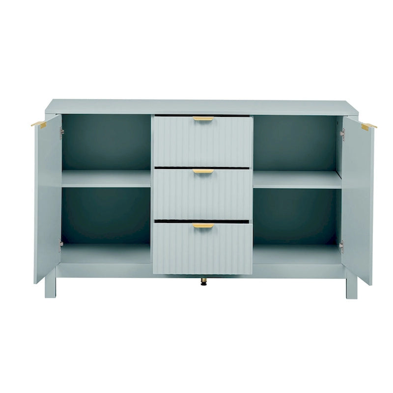 Meuble d'entrée au design ondulé - 3 étagères réglables, 3 tiroirs et portes à fermeture douce, console de rangement avec poignées en métal