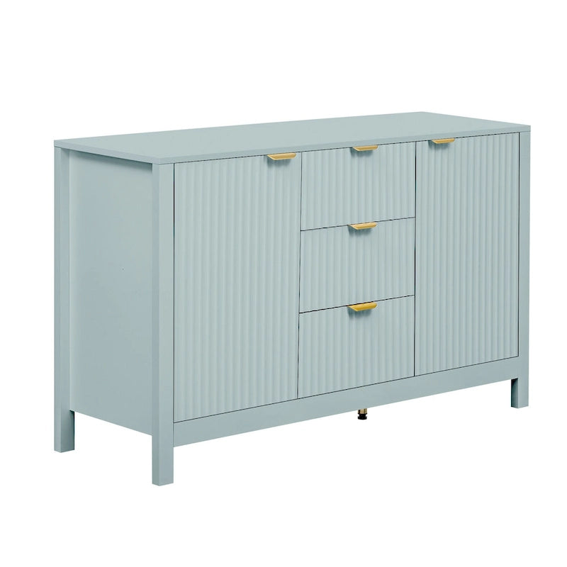 Meuble d'entrée au design ondulé - 3 étagères réglables, 3 tiroirs et portes à fermeture douce, console de rangement avec poignées en métal