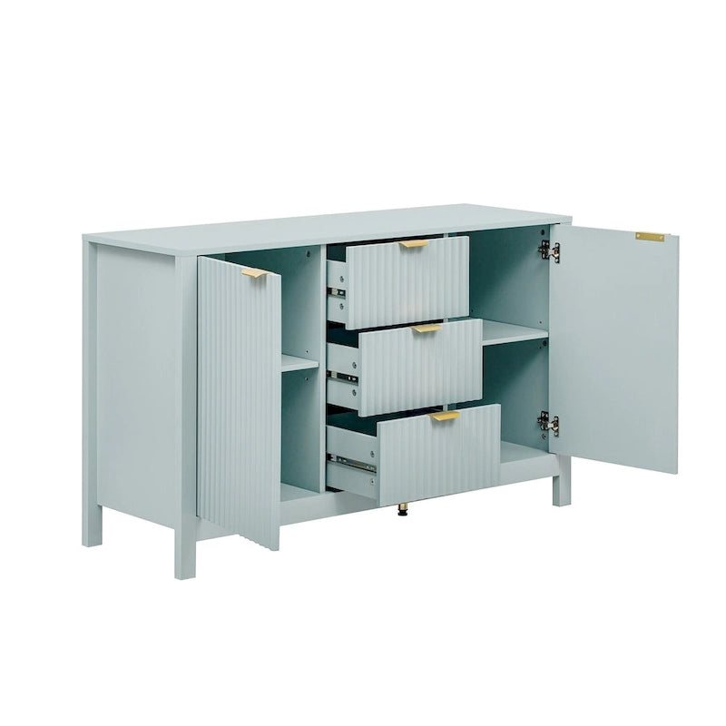 Meuble d'entrée au design ondulé - 3 étagères réglables, 3 tiroirs et portes à fermeture douce, console de rangement avec poignées en métal