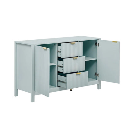 Meuble d'entrée au design ondulé - 3 étagères réglables, 3 tiroirs et portes à fermeture douce, console de rangement avec poignées en métal