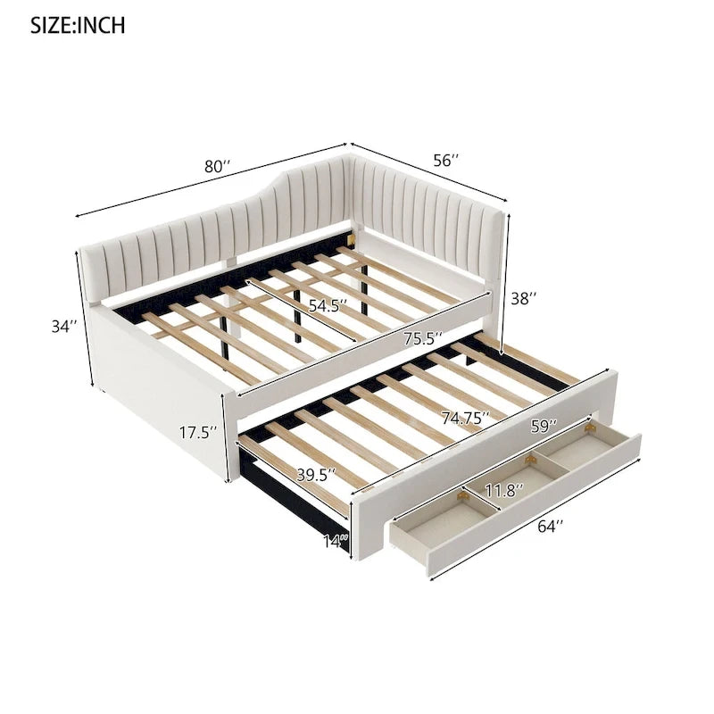 Lit de jour rembourré deux places avec lit gigogne et trois tiroirs, gris