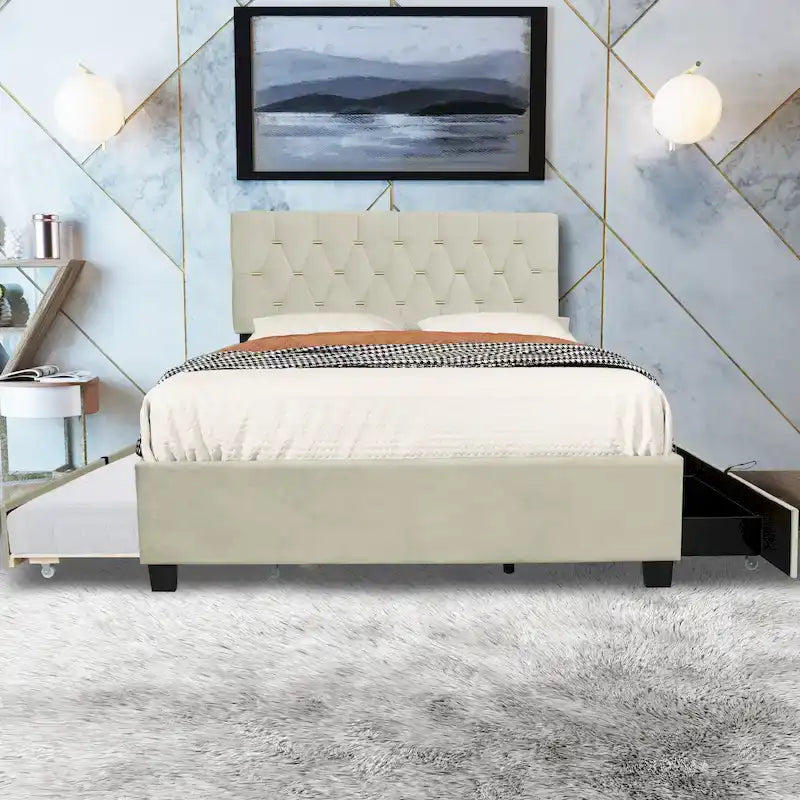 Lit plateforme Queen Size avec tête de lit capitonnée dorée, lit gigogne et rangement (capacité de 272 kg)