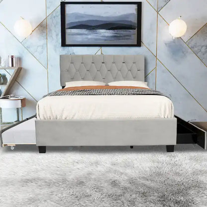 Lit plateforme Queen Size avec tête de lit capitonnée dorée, lit gigogne et rangement (capacité de 272 kg)