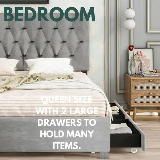 Lit plateforme Queen Size avec tête de lit capitonnée dorée, lit gigogne et rangement (capacité de 272 kg)