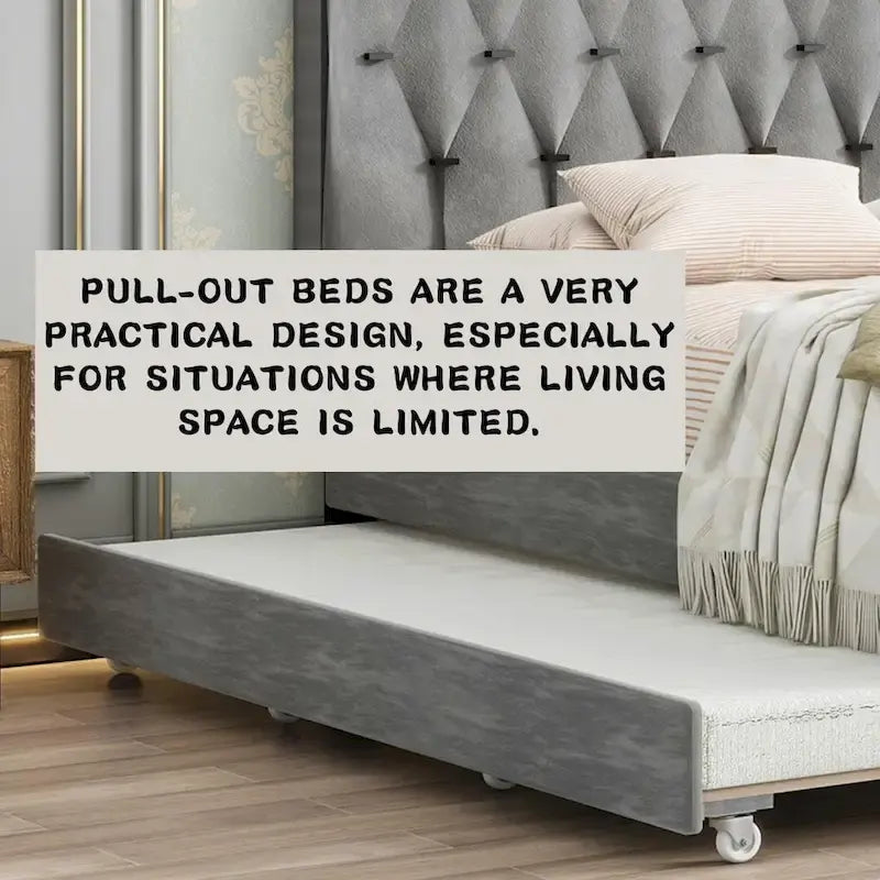 Lit plateforme Queen Size avec tête de lit capitonnée dorée, lit gigogne et rangement (capacité de 272 kg)