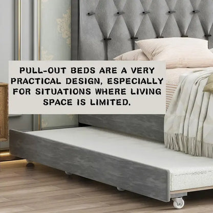 Lit plateforme Queen Size avec tête de lit capitonnée dorée, lit gigogne et rangement (capacité de 272 kg)