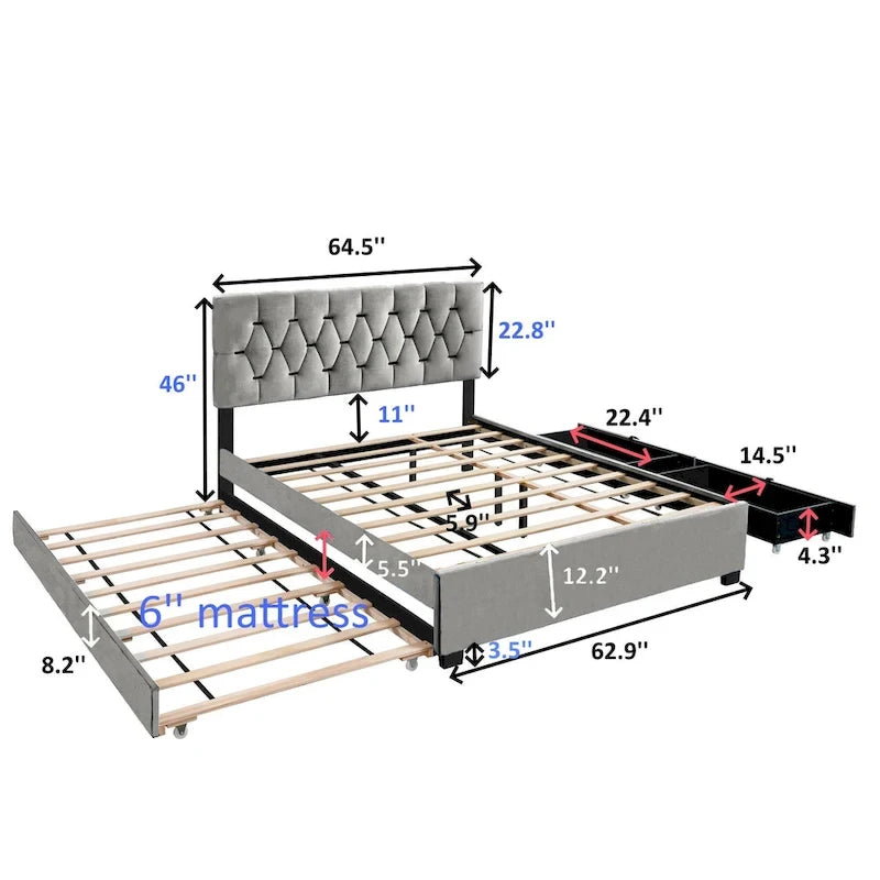 Lit plateforme Queen Size avec tête de lit capitonnée dorée, lit gigogne et rangement (capacité de 272 kg)