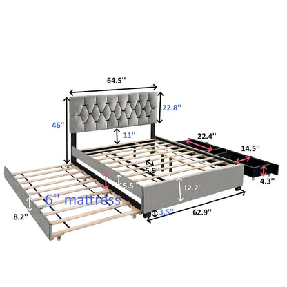 Lit plateforme Queen Size avec tête de lit capitonnée dorée, lit gigogne et rangement (capacité de 272 kg)