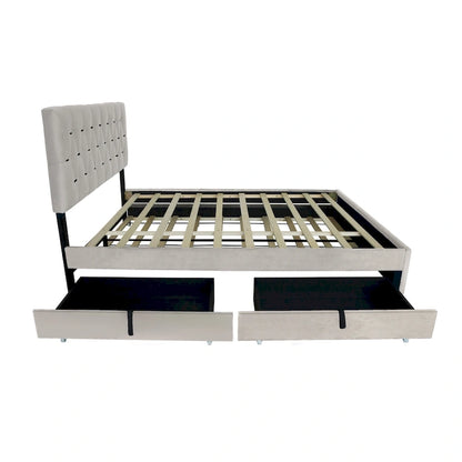 Lit plateforme Queen Size avec tête de lit capitonnée dorée, lit gigogne et rangement (capacité de 272 kg)