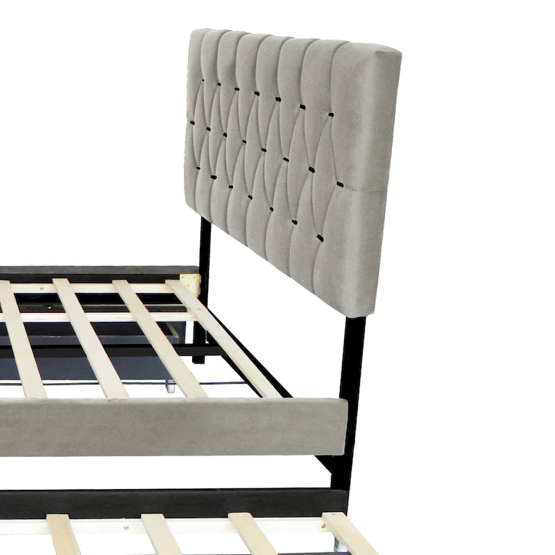 Lit plateforme Queen Size avec tête de lit capitonnée dorée, lit gigogne et rangement (capacité de 272 kg)