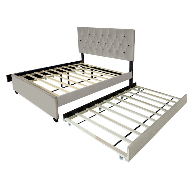 Lit plateforme Queen Size avec tête de lit capitonnée dorée, lit gigogne et rangement (capacité de 272 kg)