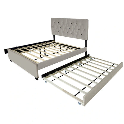 Lit plateforme Queen Size avec tête de lit capitonnée dorée, lit gigogne et rangement (capacité de 272 kg)