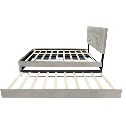 Lit plateforme Queen Size avec tête de lit capitonnée dorée, lit gigogne et rangement (capacité de 272 kg)