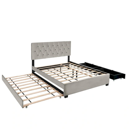 Lit plateforme Queen Size avec tête de lit capitonnée dorée, lit gigogne et rangement (capacité de 272 kg)