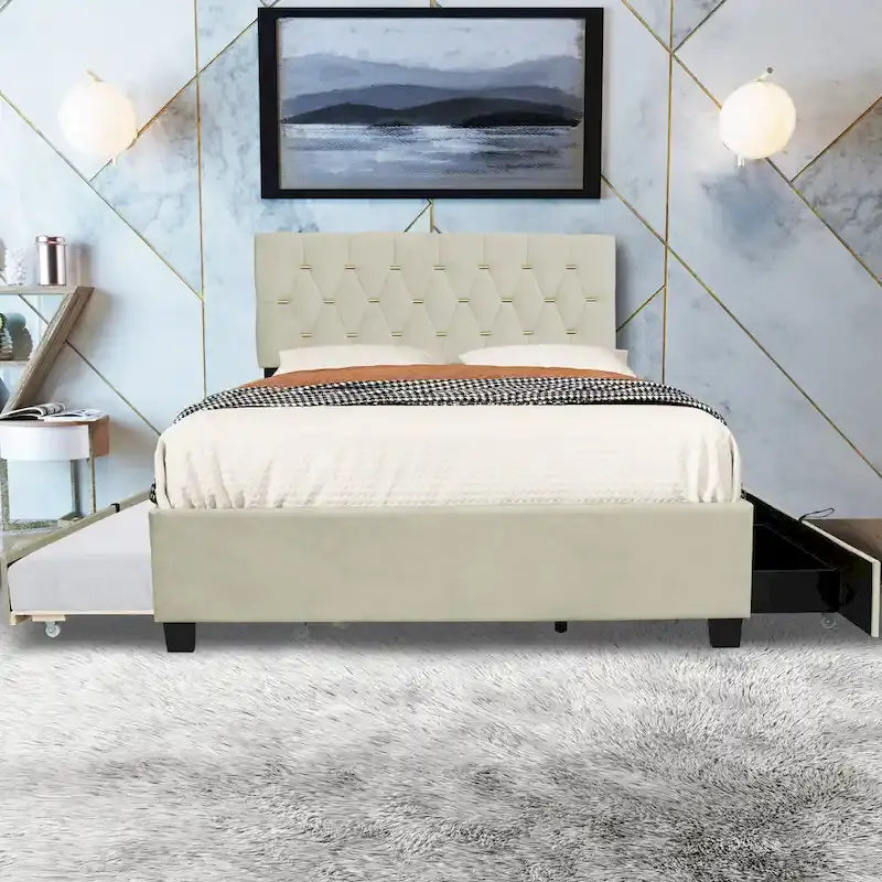 Lit plateforme Queen Size avec tête de lit capitonnée dorée, lit gigogne et rangement (capacité de 272 kg)
