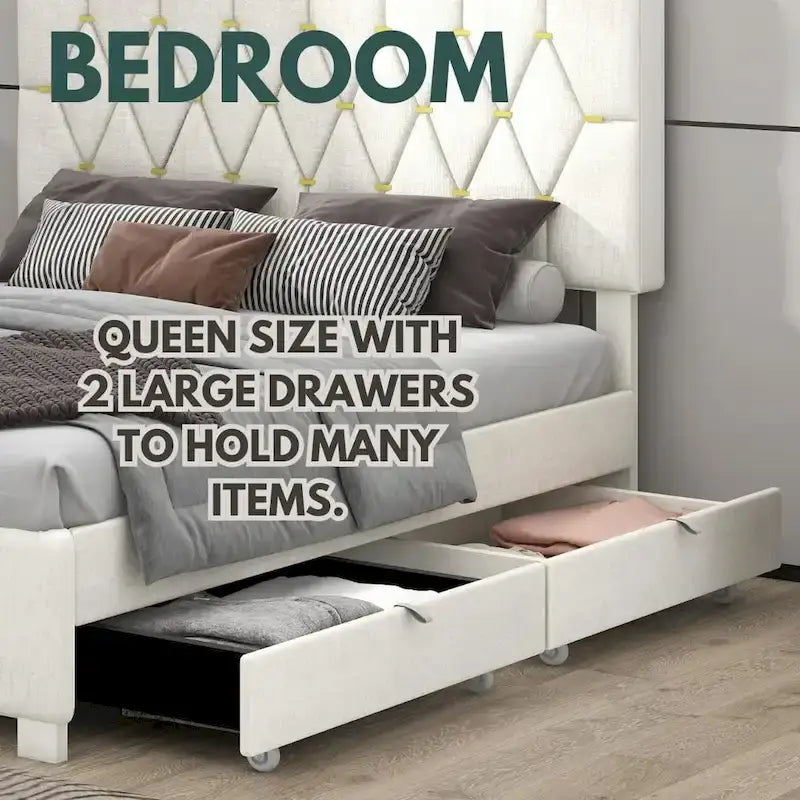 Lit plateforme Queen Size avec tête de lit capitonnée dorée, lit gigogne et rangement (capacité de 272 kg)