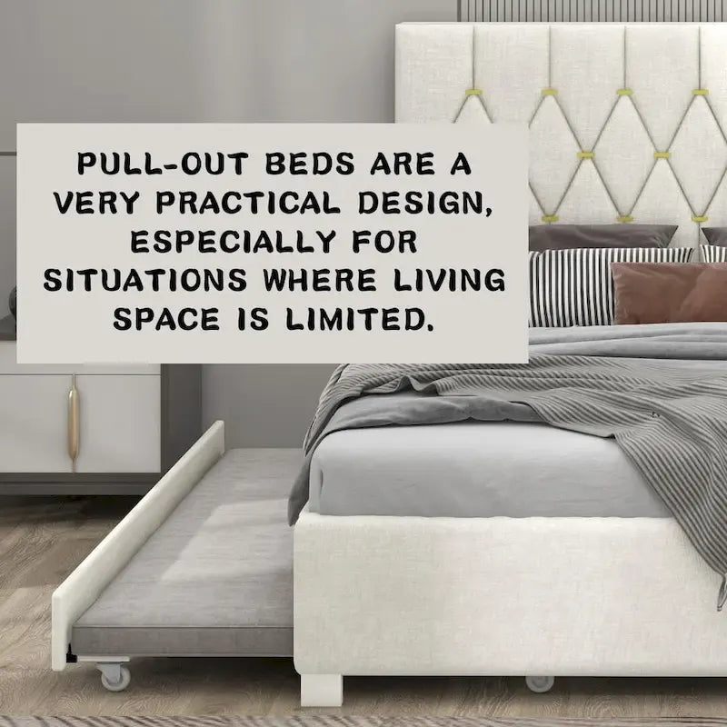 Lit plateforme Queen Size avec tête de lit capitonnée dorée, lit gigogne et rangement (capacité de 272 kg)