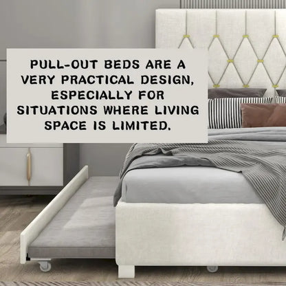 Lit plateforme Queen Size avec tête de lit capitonnée dorée, lit gigogne et rangement (capacité de 272 kg)