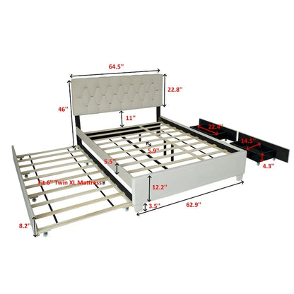 Lit plateforme Queen Size avec tête de lit capitonnée dorée, lit gigogne et rangement (capacité de 272 kg)