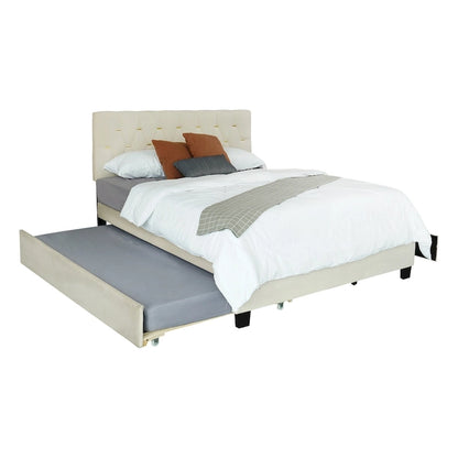 Lit plateforme Queen Size avec tête de lit capitonnée dorée, lit gigogne et rangement (capacité de 272 kg)